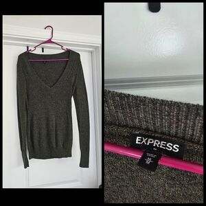 Express Brown V-Neck Sweater Classic Knit